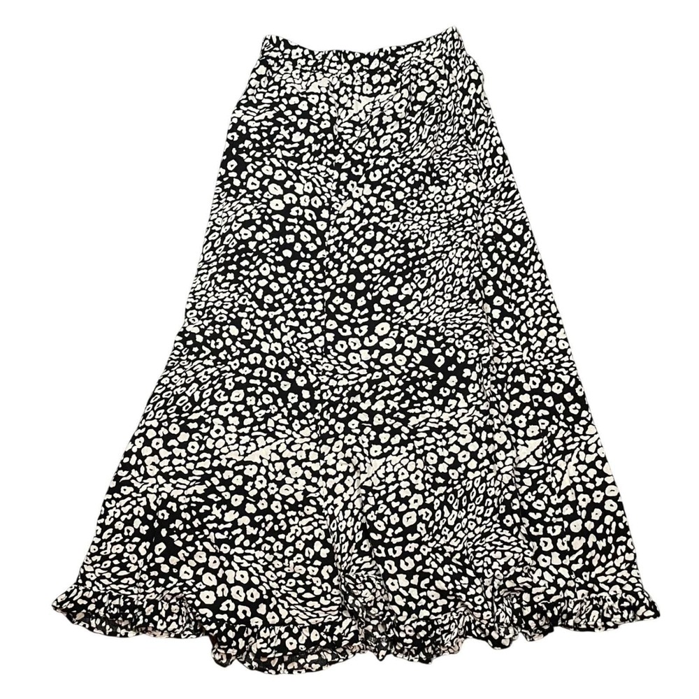 Painted Pony Maxi Skirt Womens Medium Black White Leopard Print Ruffle Rayon USA
